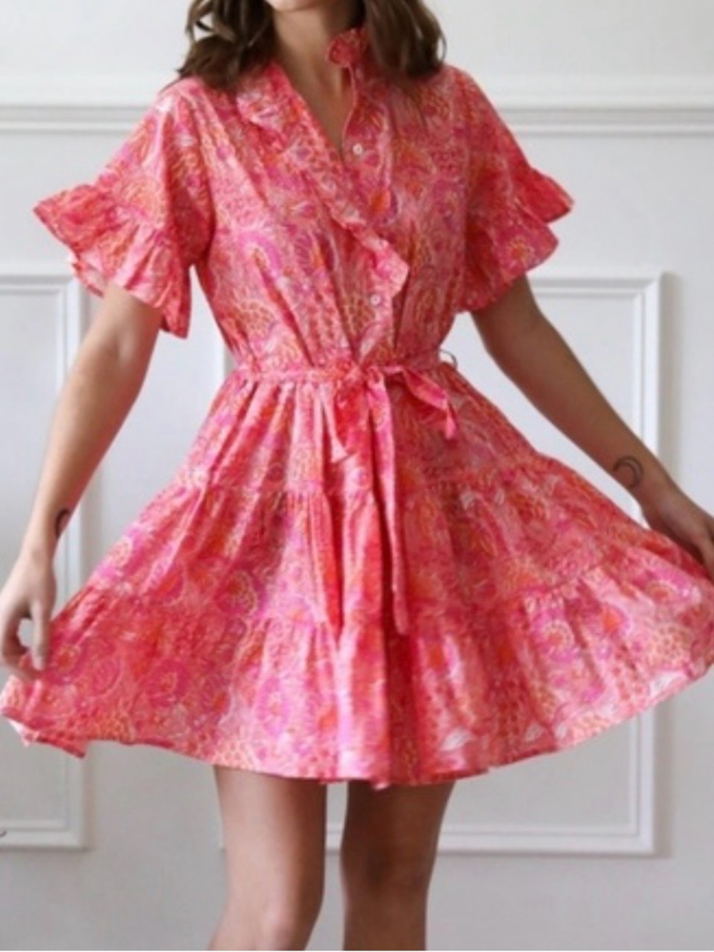 Tie-Waist Pink Paisley Ruffle Mini Dress